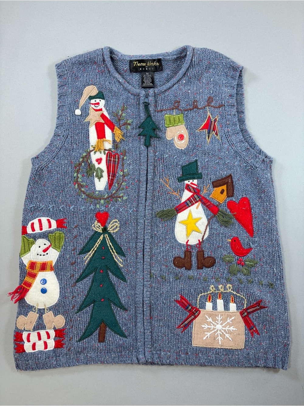 Vintage Theme Works Christmas Sweater Vest Snowman Appliqué Zip Front Ramie Wool